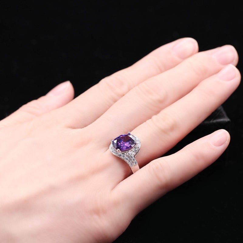 Uloveido Women Platinum Plated Simulated Purple Oval Amethyst February Birth Stone Solitaire Engagement Wedding Rings Dainty (Size 7) J334 - Image 2